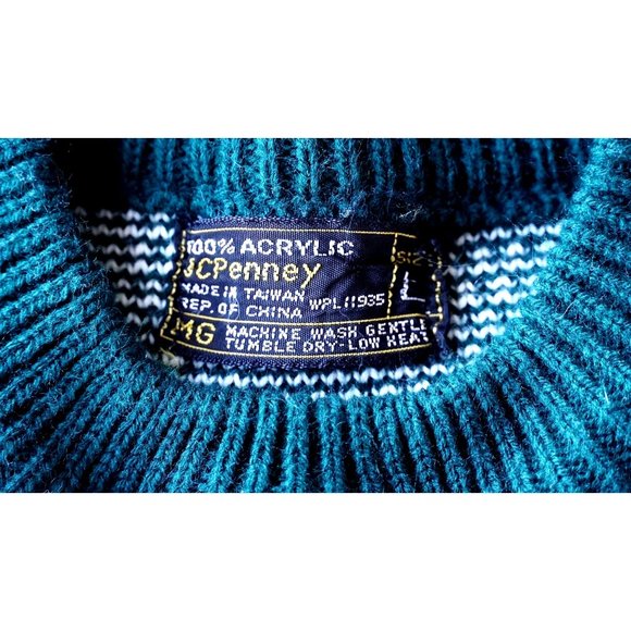 Vintage JcPenney Sweater Pullover Green White Cableknit Mens Unisex Size Large L - Picture 3 of 5